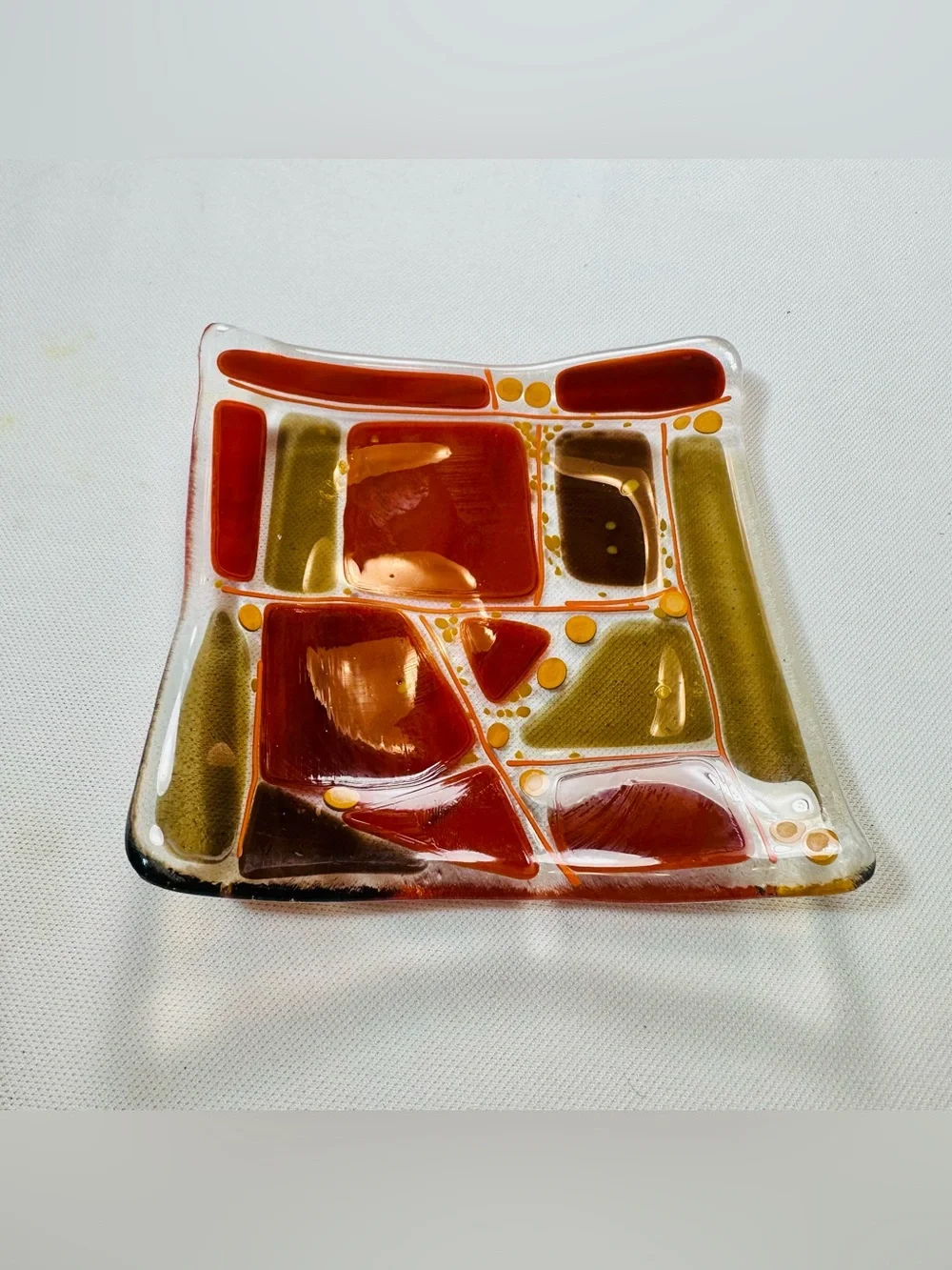 Beautiful Handmade Fused Glass Tray With Wire Wrapped Knife Spreader Fall Colors